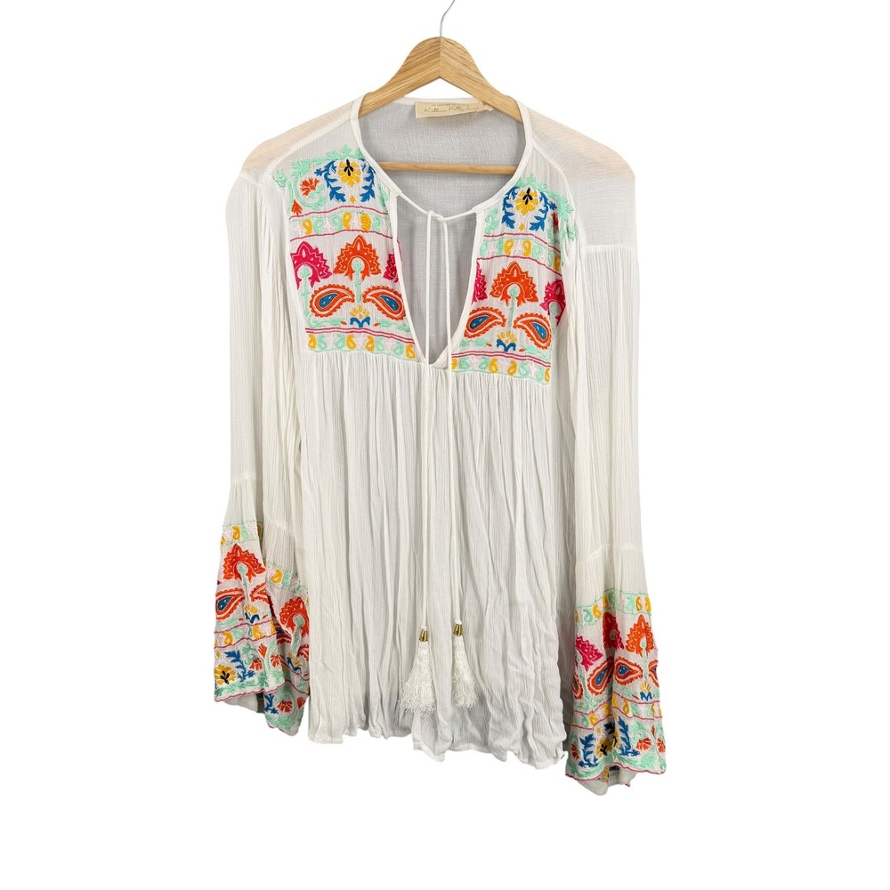 Katherine Kelly Lang Blouse Large White Embroidered Boho Tassel Tie‎ Bell Sleeve